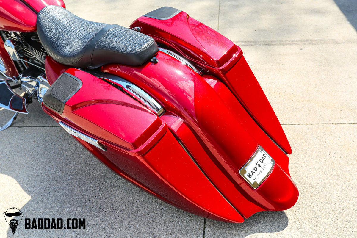 Bad Dad Street Kit rear end installed on a Harley-Davidson bagger, showing the matching fender and saddlebags