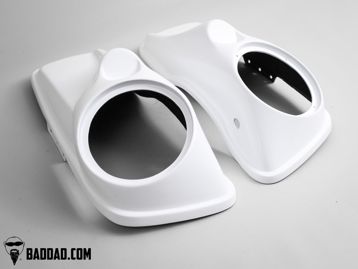 Top view of Street Series 8" speaker lids showing curved bodyline for Harley Touring saddlebags