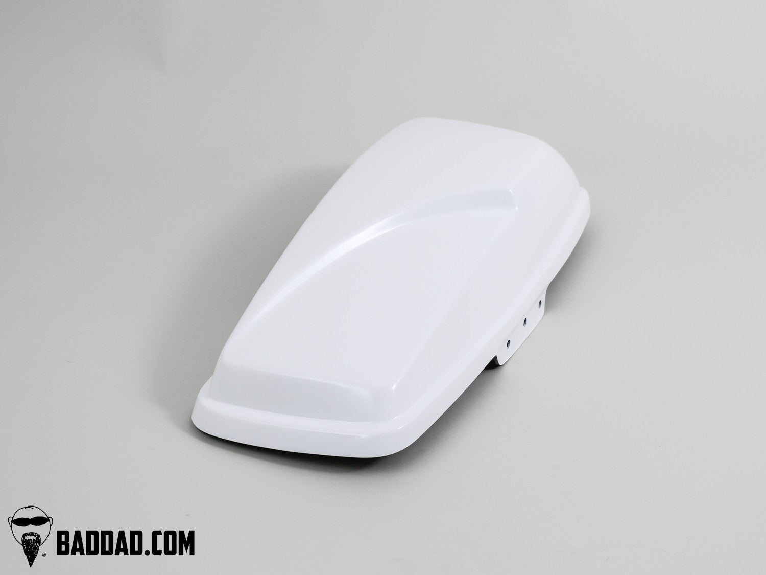 White custom lid for Road King saddlebags, angled view