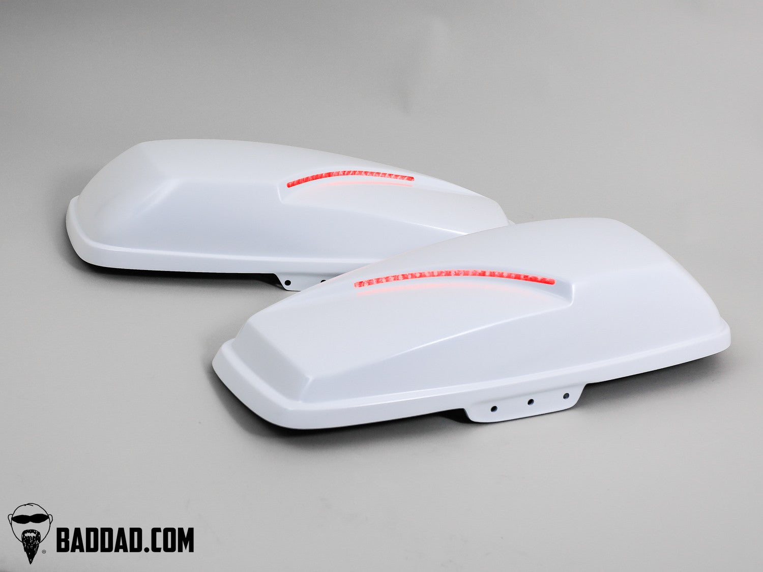 Pair of white saddlebag lids with LED taillights for Road Glide and Street Glide