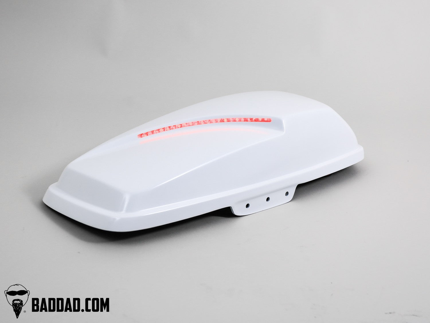 White competition saddlebag lid with LED taillight, side profile view