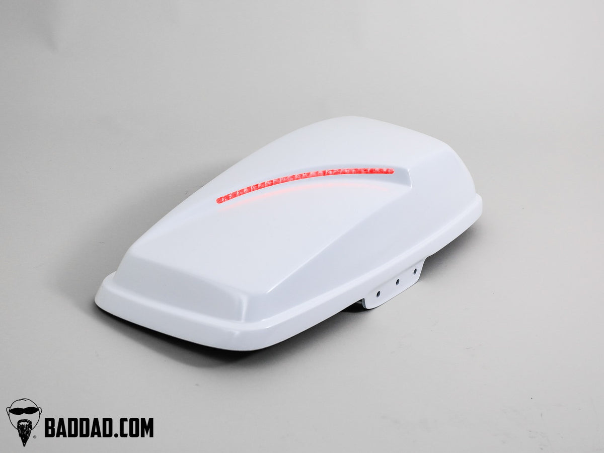 White custom lid for Street Glide saddlebags with integrated LED taillight