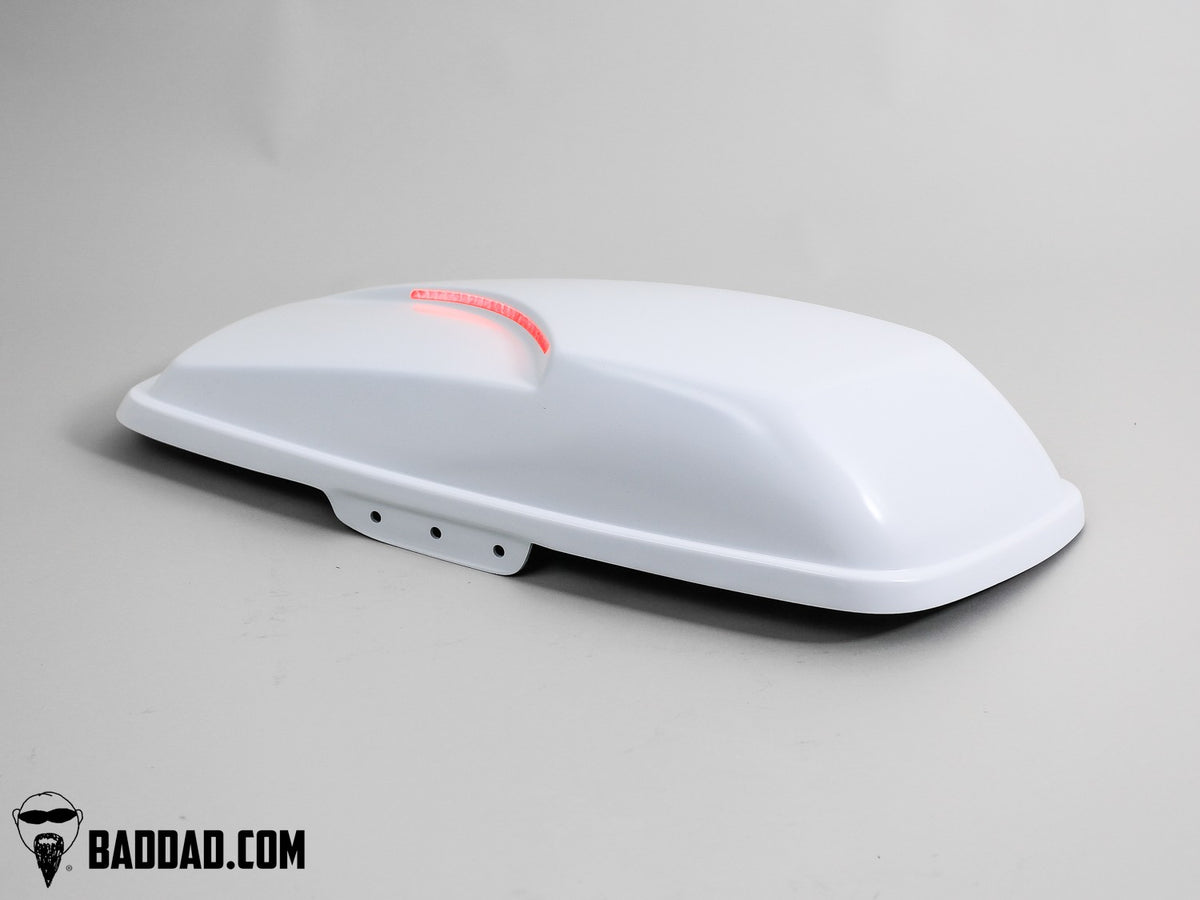 Competition saddlebag lid in white with LED taillight, angled view