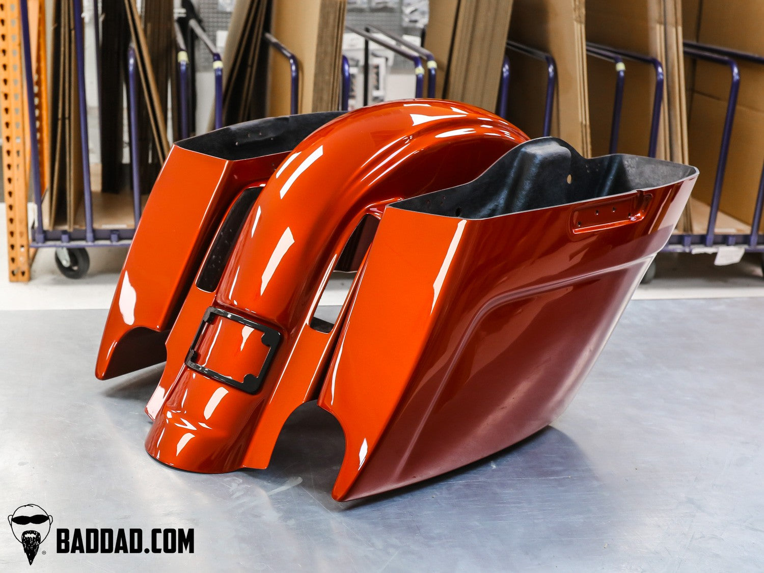 Vantage Series stretched saddlebags and rear fender painted Whiskey Fire