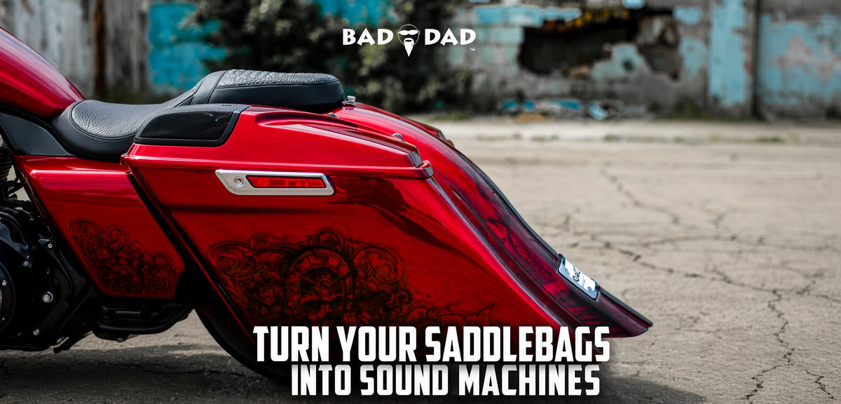 Bad Dad Audio Bags: stretched saddlebag lids with built-in 10-inch speaker rings, finished in white 2K urethane primer