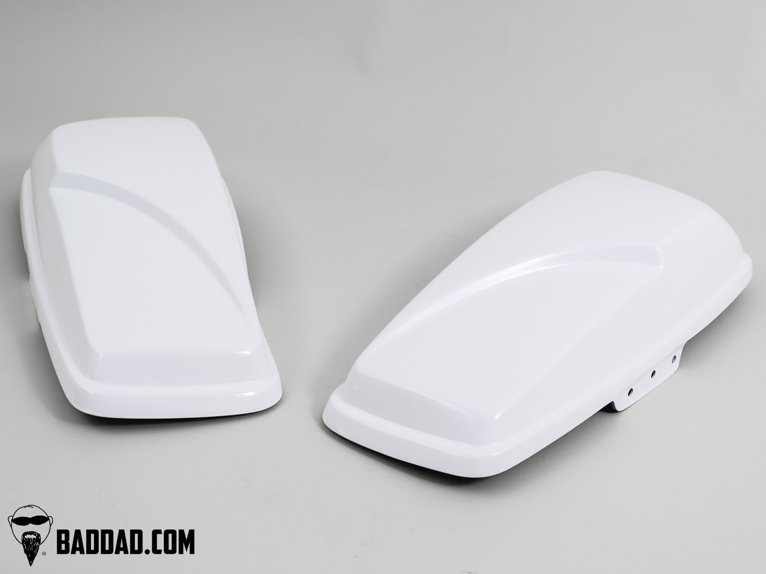 Pair of white custom saddlebag lids for Electra Glide and Road King models