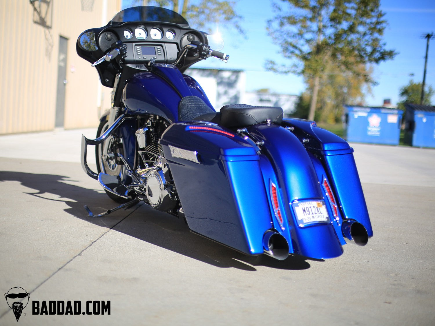 Custom Street Glide with blue stretched saddlebag lids and LED taillights