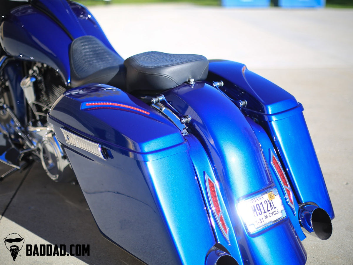 Custom Road Glide with blue saddlebag lids and LED taillights
