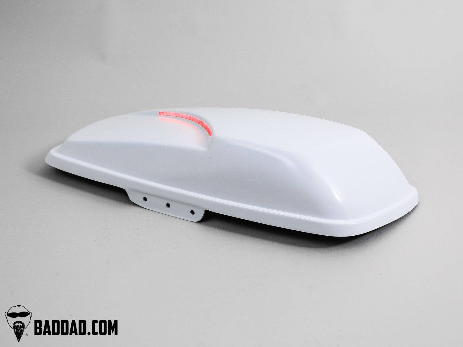 Competition saddlebag lid in white with LED taillight, angled view