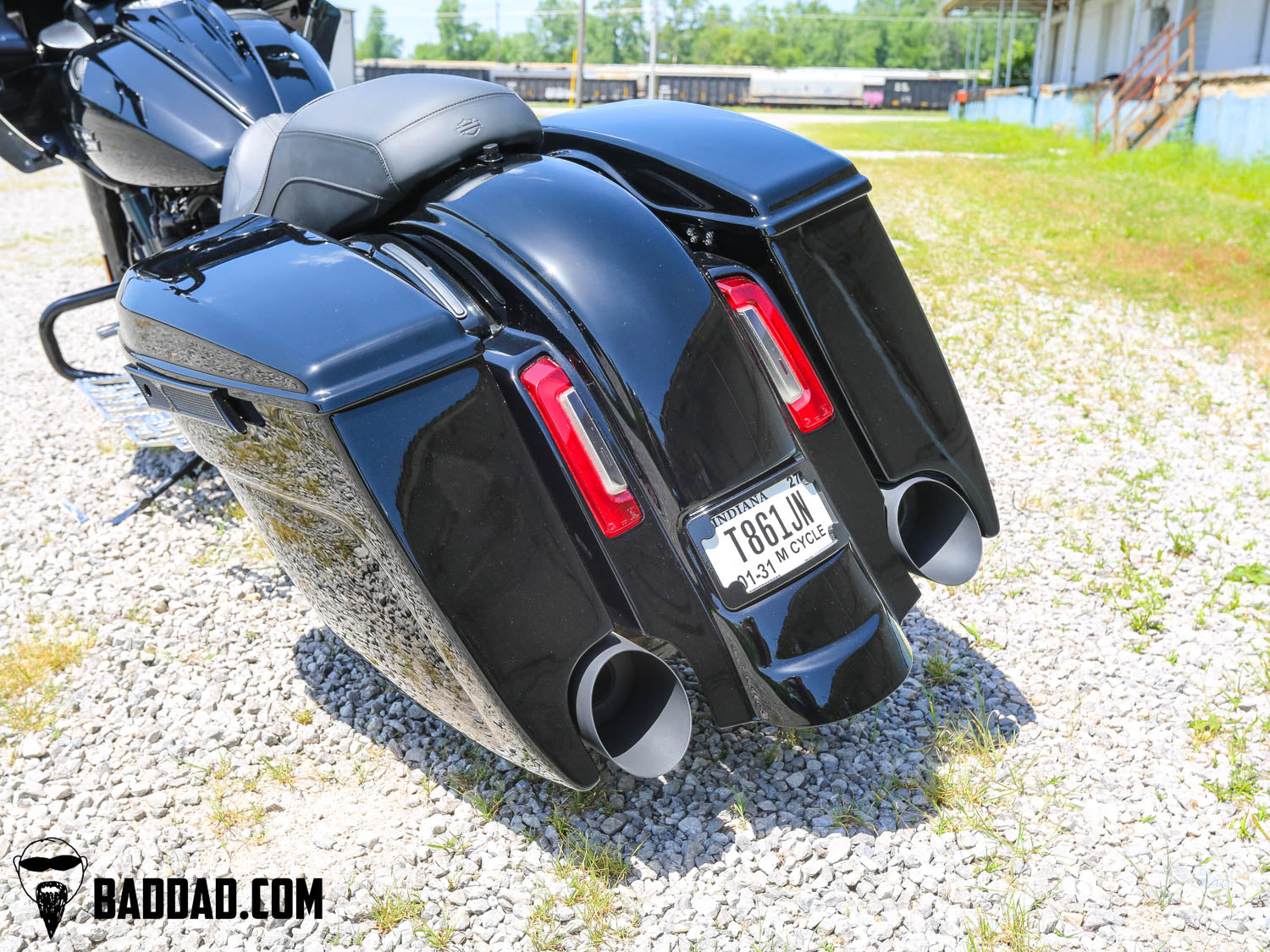 Rear view of Vantage Series stretched saddlebags with LED taillights