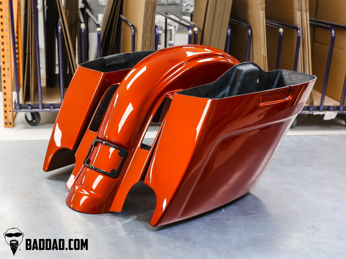 Vantage Series stretched saddlebags and rear fender painted Whiskey Fire